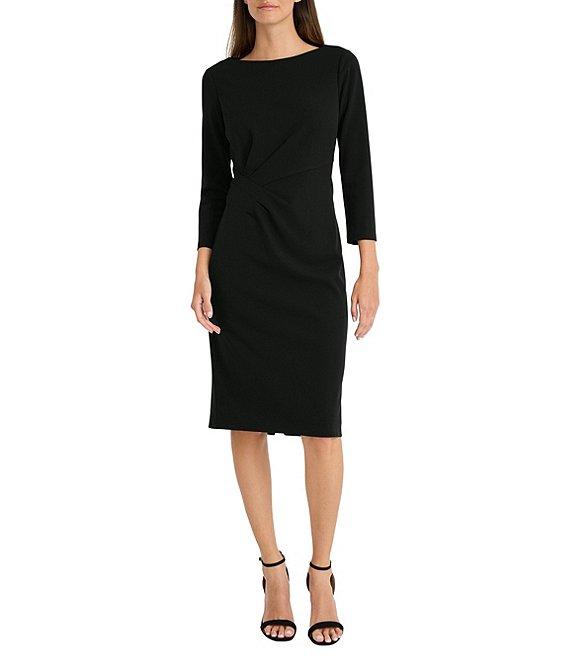 Maggy London Stretch Boat Neck 3/4 Sleeve Pleated Knot Waist Detailed Sheath Dress Product Image