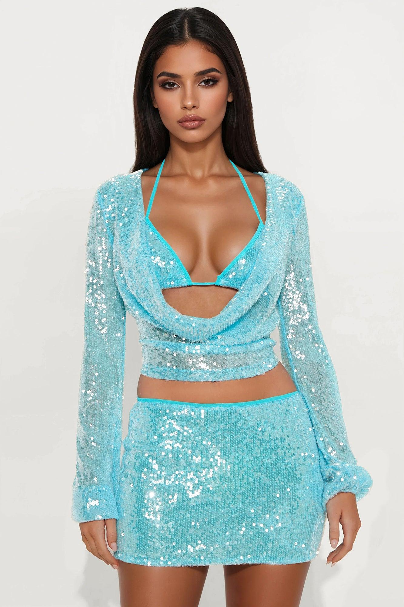Glistening Goddess Sequin 3 Piece Skirt Set - Blue Female Product Image