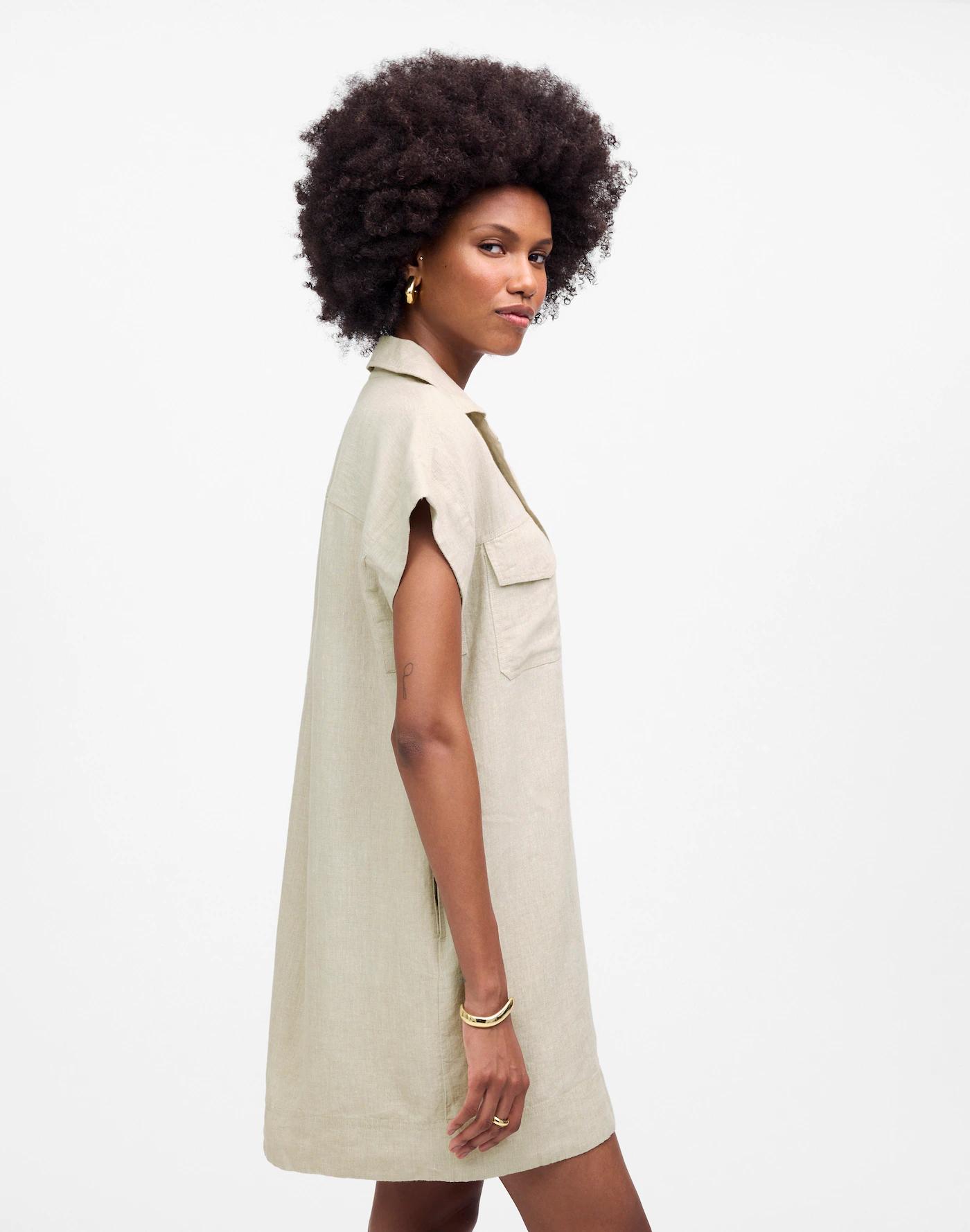 Utility Short-Sleeve Mini Shirtdress in 100% Linen Product Image