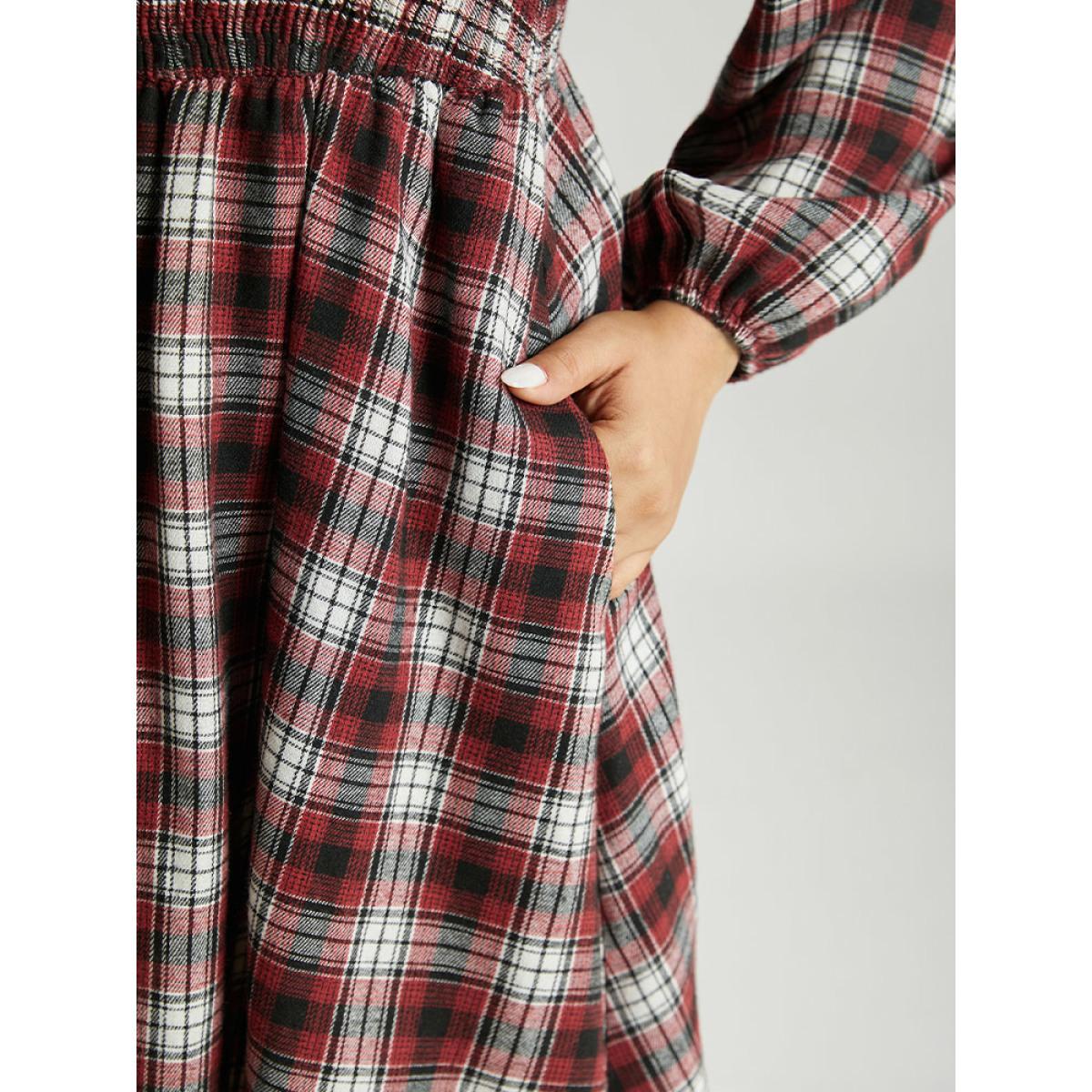 Plus Size Square Neck Plaid Shirred Lantern Sleeve Dress Red Women Casual Elastic cuffs Square Neck Long Sleeve Curvy Midi Dress BloomChic 14-16/1X Product Image