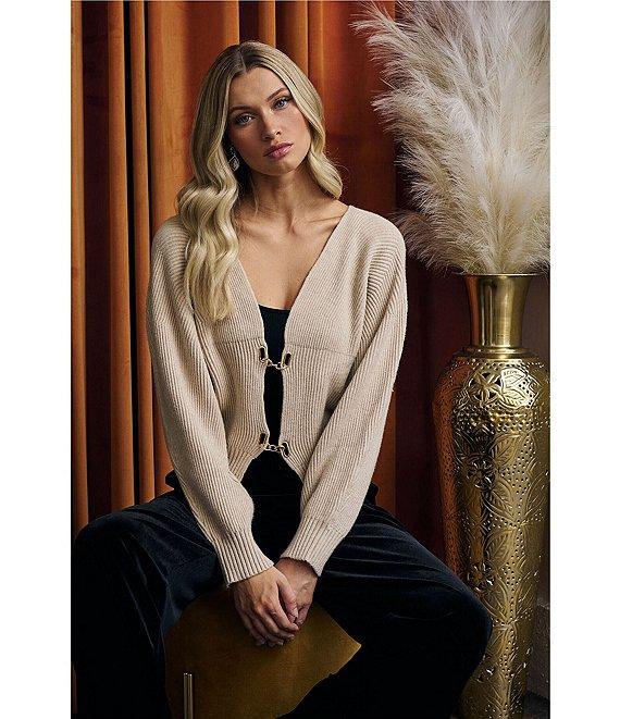 Sugarlips Ribbed Knit V-Neck Long Sleeve Front Hook Cardigan Product Image