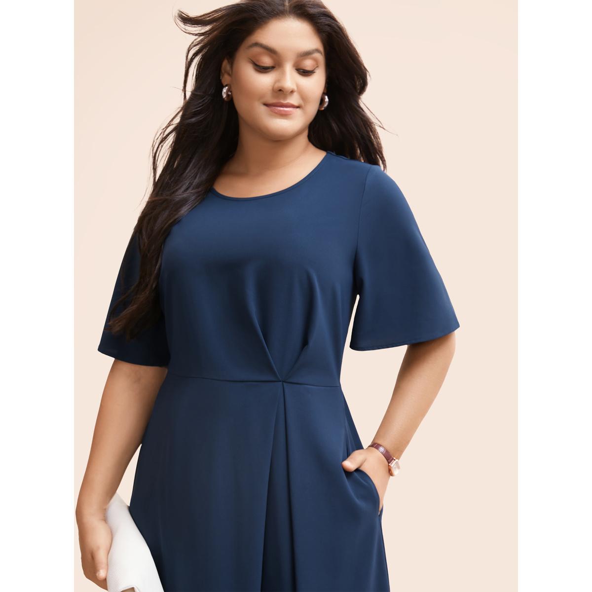 Plus Size Plain Round Neck Plicated Detail Dress Indigo Women Office Pleated Round Neck Half Sleeve Curvy BloomChic 10/M Product Image