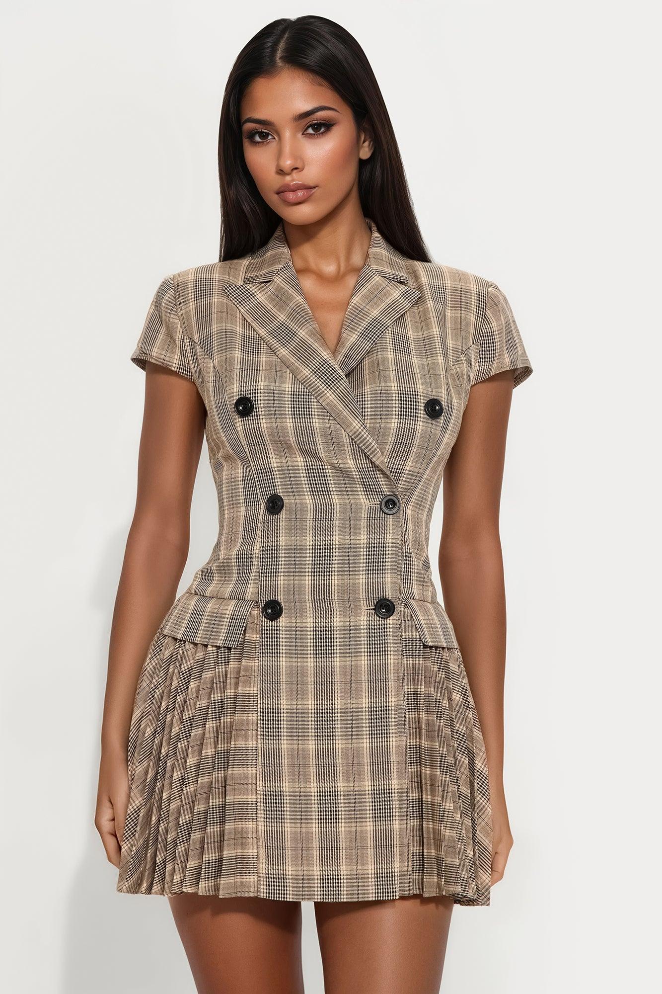 Eloise Short Sleeve Plaid Mini Dress - Brown Combo Female Product Image