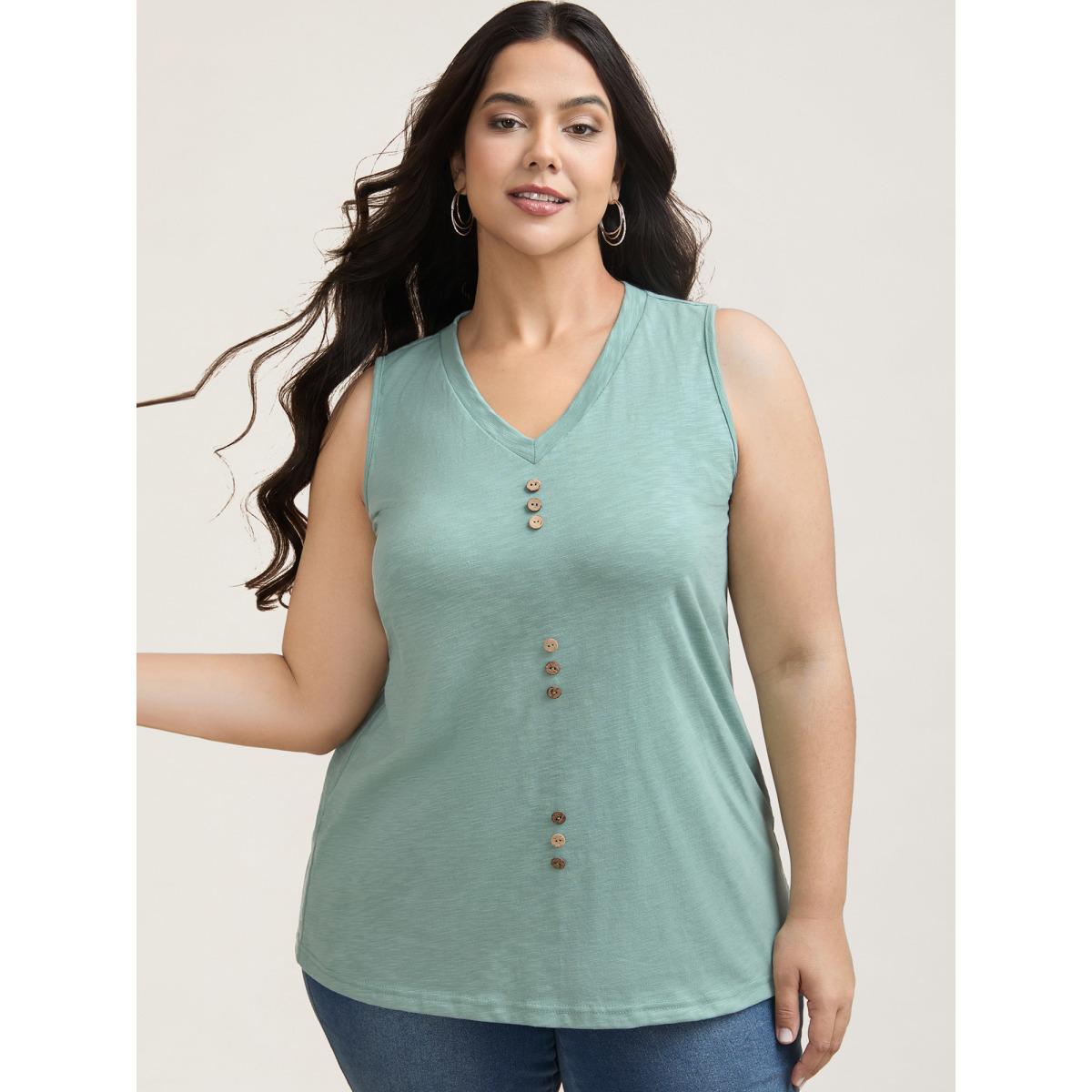 Plus Size Bamboo Cotton Stretchy Button Vest Women Greenbean Casual Slit V-neck Everyday Tank Tops Camis BloomChic 26/4X Product Image