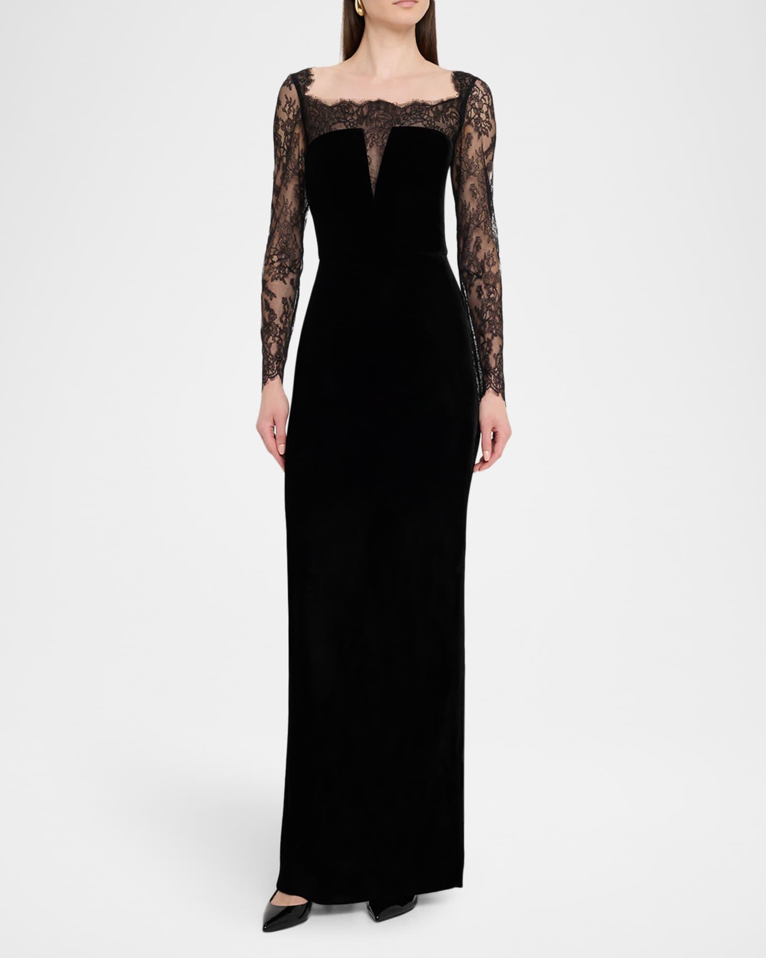 Lace Long-Sleeve Velvet Column Gown Product Image