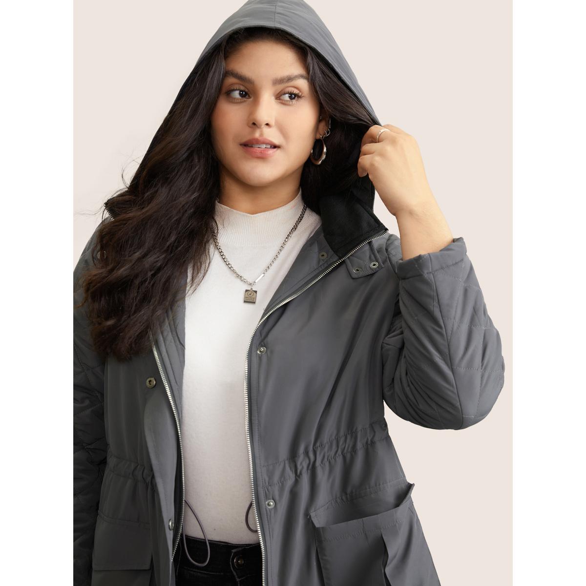 Plus Size Solid Flap Detail Elastic Waist Quilted Coat Women DimGray Casual Lined Ladies Dailywear Winter Coats BloomChic 26/4X Product Image