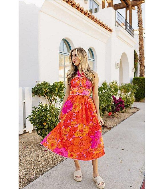 J.Marie Floral V-Neck Sleeveless Ric Rac Trim Midi A-Line Dress Product Image