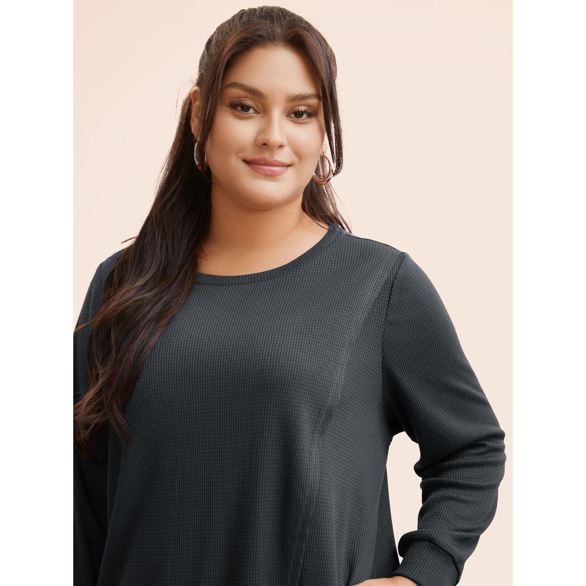 Plus Size Solid Waffle Knit Overlap Hem T-shirt DimGray Women Leisure Overlapping Round Neck Casual T-shirts BloomChic 22-24/3X Product Image