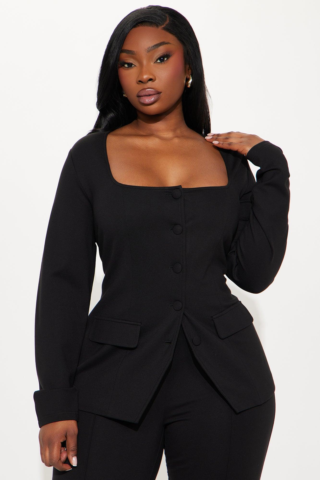 The Mia Double Lined Ponte Long Sleeve Pant Set - Black Product Image