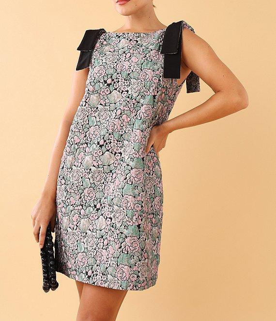 Abbey Glass Michelle Floral Jacquard Boat Neck Sleeveless Bow Shoulder Shift Dress Product Image