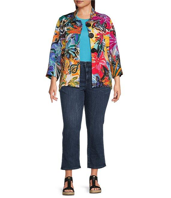 Ali Miles Plus Size Woven Abstract Print Wire Collar 3/4 Sleeve Button-Front Jacket Product Image
