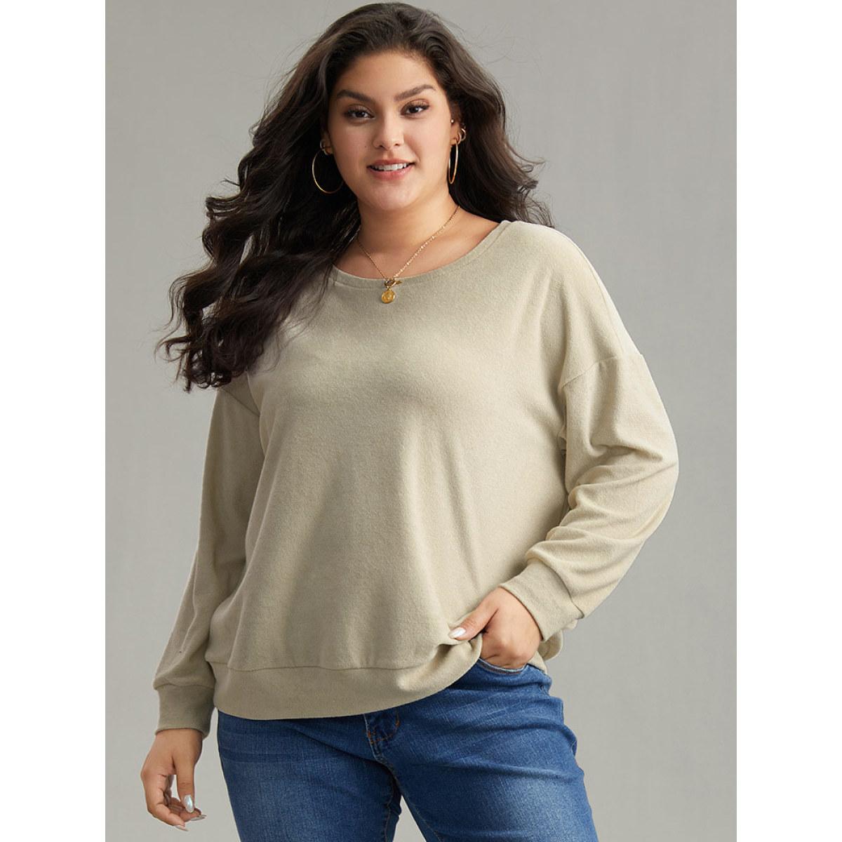 Plus Size Heather Plisse Elastic Hem Sweatshirt Women Beige Casual Texture Round Neck Dailywear Sweatshirts BloomChic 10/M Product Image