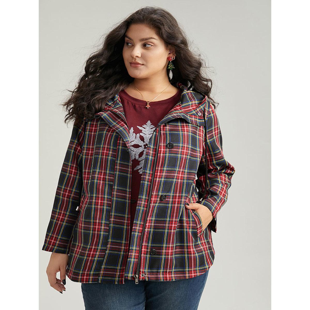 Plus Size Plaid Slant Pocket Hooded Coat Women Multicolor Casual Contrast Ladies Dailywear Winter Coats BloomChic 28/5X Product Image