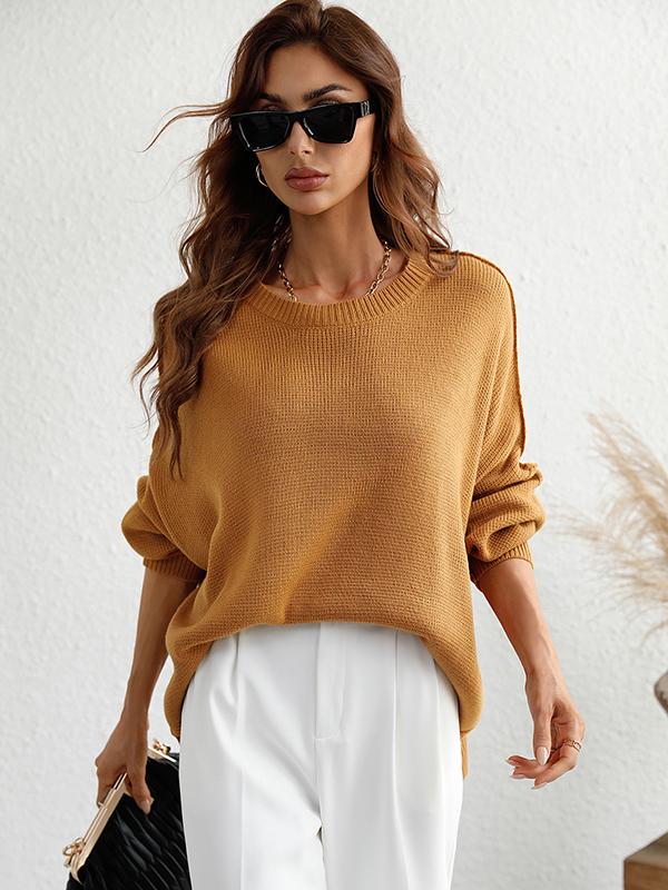Casual Long Sleeves Loose Split-Side Solid Color Round-Neck Sweater Tops Product Image