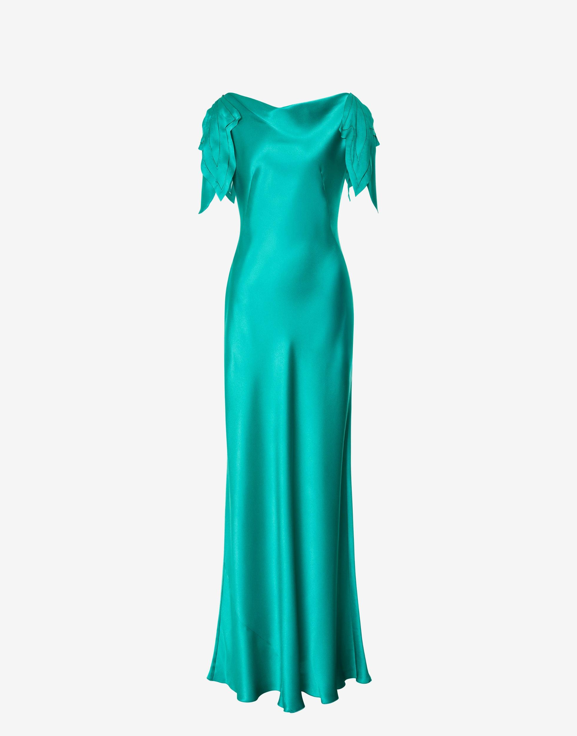 Satin long dress with laser-cut sleeves Product Image