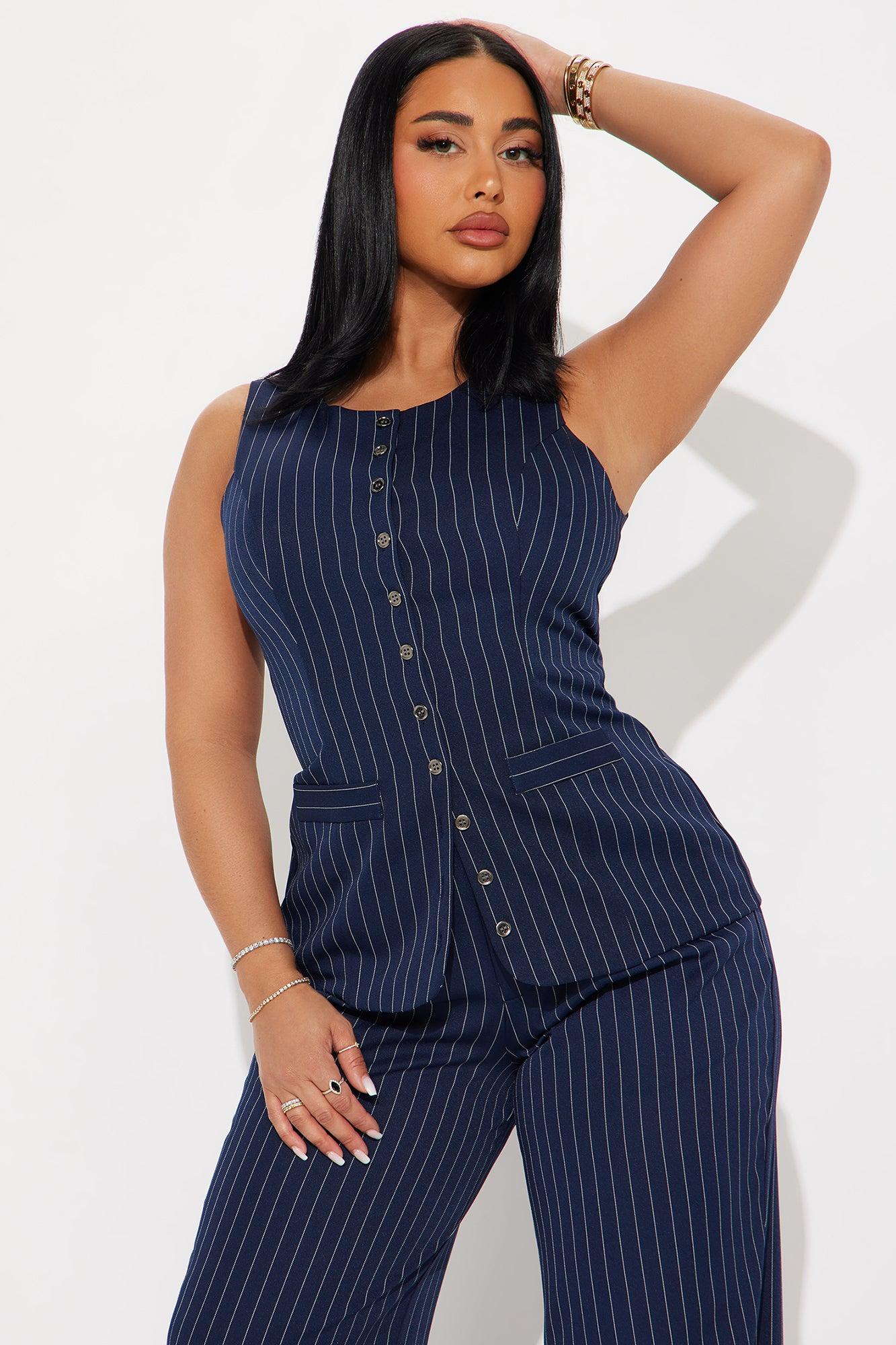 Stephanie Pinstripe Vest Pant Set - Navy Product Image