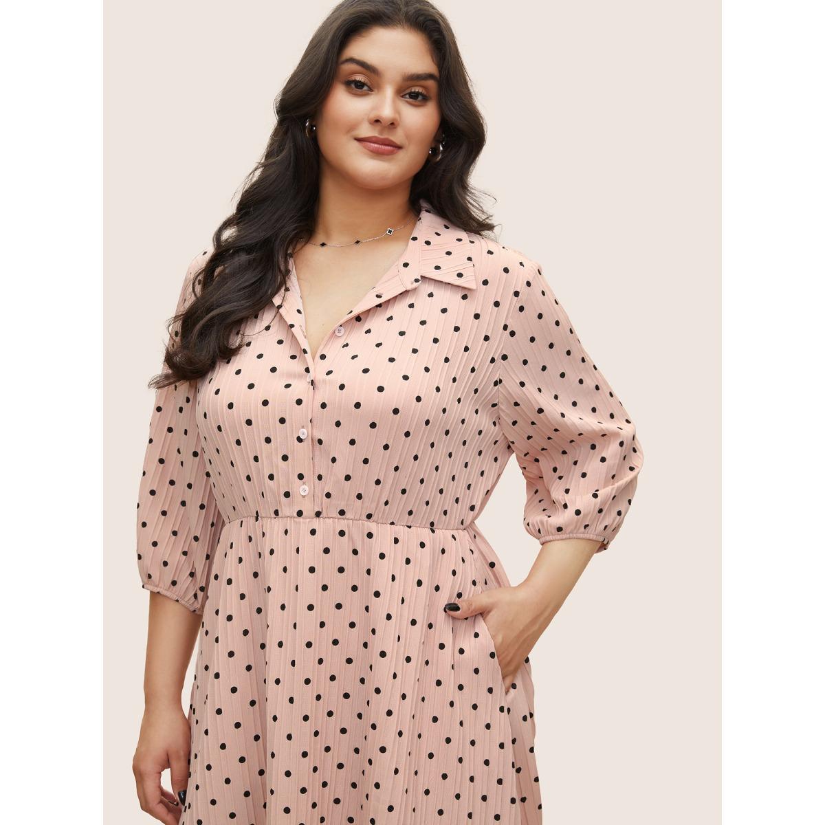 Plus Size Polka Dot Textured Elastic Waist Button Up Dress MistyRose Women At the Office Non Shirt collar Elbow-length sleeve Curvy Midi Dress BloomChic 14-16/1X Product Image