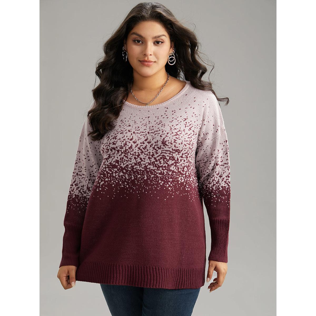 Plus Size Ombre Contrast Heather Round Neck Pullover Burgundy Women Casual Loose Long Sleeve Round Neck Dailywear Pullovers BloomChic 22-24/3X Product Image