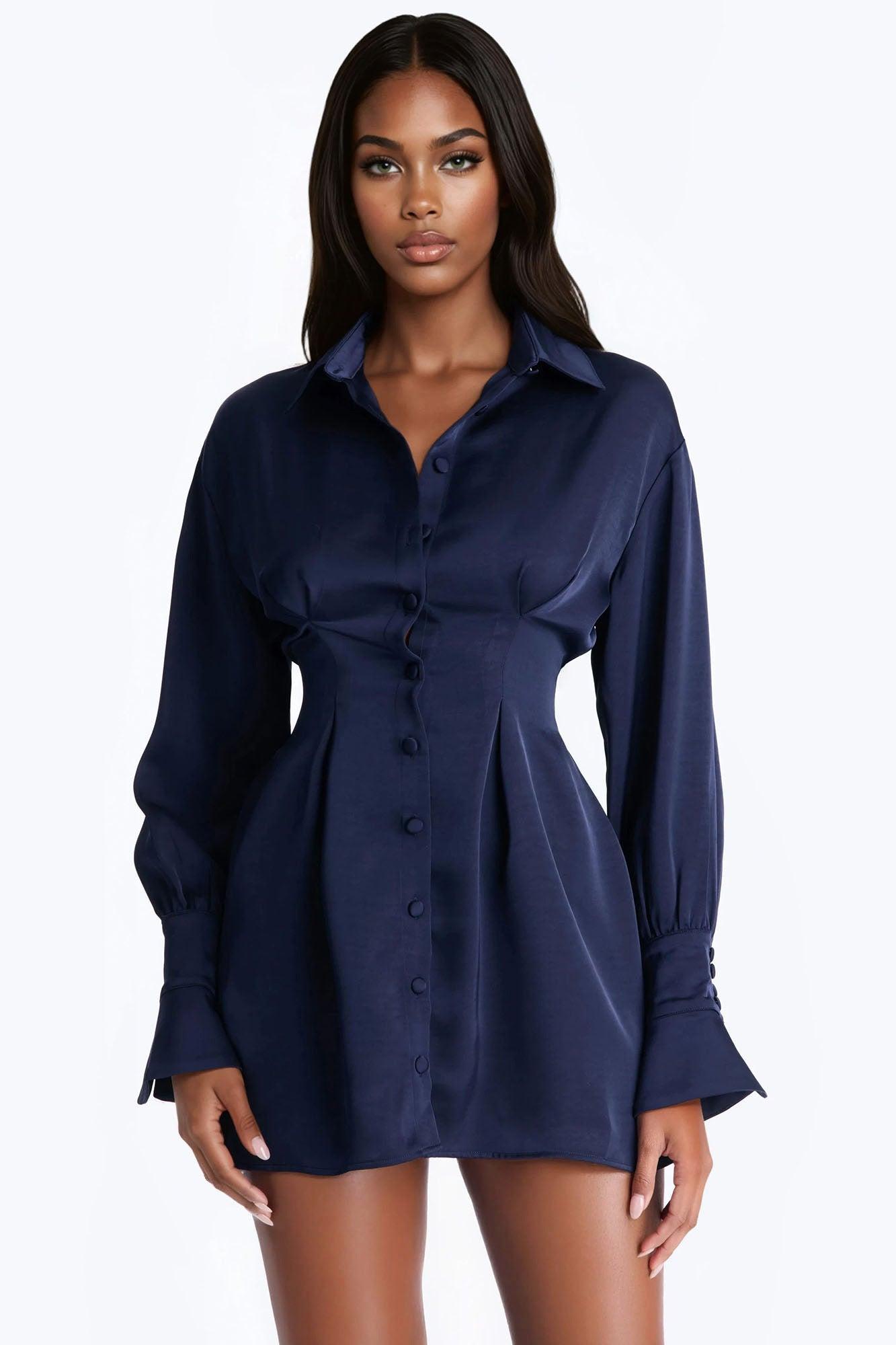 Samantha Long Sleeve Stretch Satin Mini Dress - Navy Female Product Image