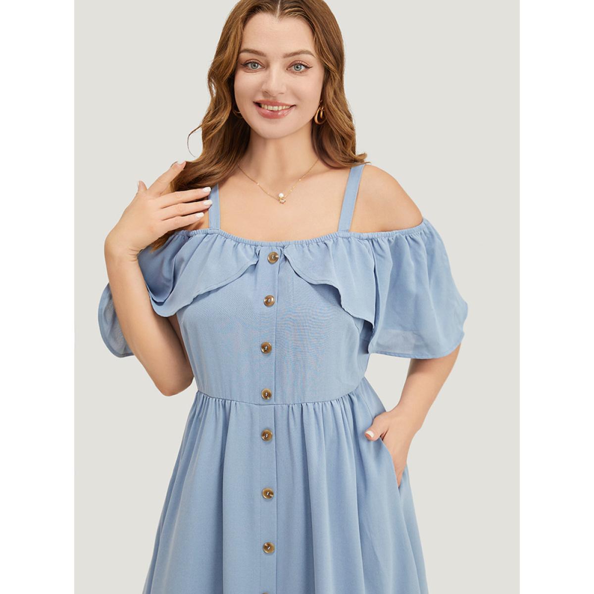 Plus Size Plain Ruffle Trim Pocket Cold Shoulder Button Detail Dress Stone Women Vacation Adjustable Straps One-shoulder neck Short sleeve Curvy Midi Dress BloomChic 12/L Product Image