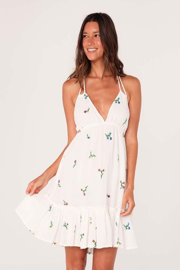 Floral Embroidered Gauze Halter Neck Mini Dress Product Image
