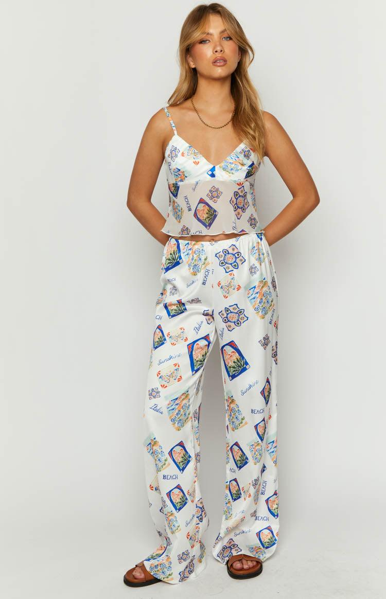 Bridget White Satin Italia Print Pants Product Image