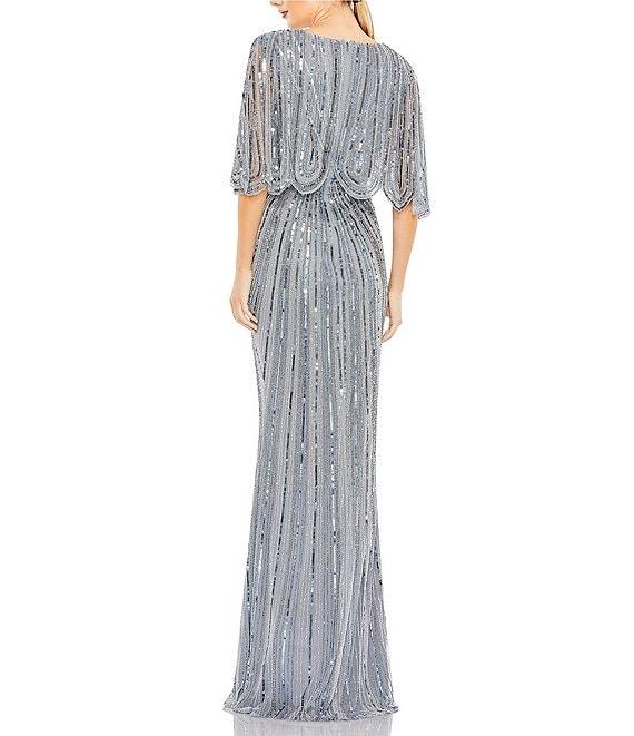 Mac Duggal Sequin Twist Waist V-Neck Flutter Short Sleeve Flutter Hem Sheath Gown Product Image