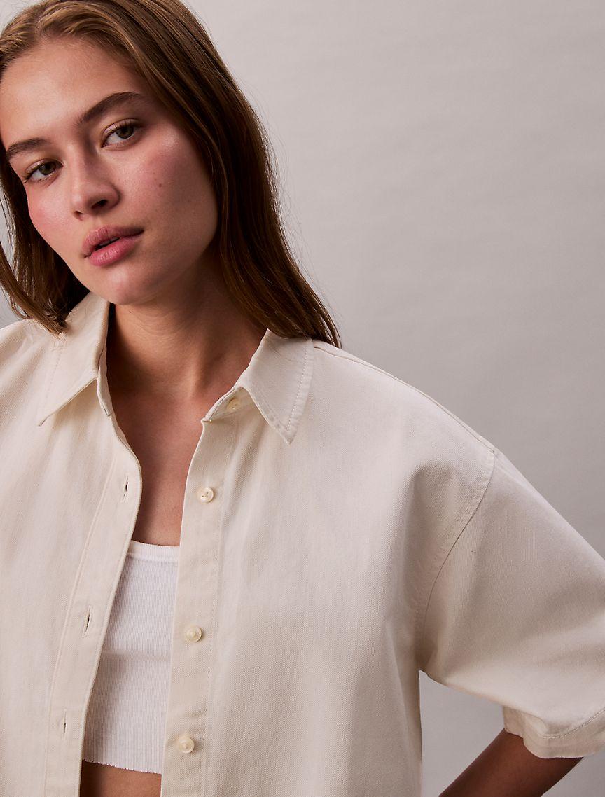 Denim Cropped Relaxed Button-Down Shirt  Product Image