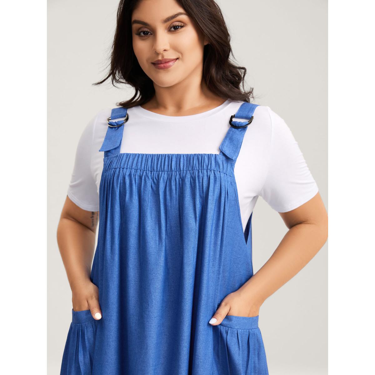 Plus Size Overall Straps Pleated Pockets Midi Dress Cerulean Women Square Neck Sleeveless Curvy BloomChic 28/5X Product Image