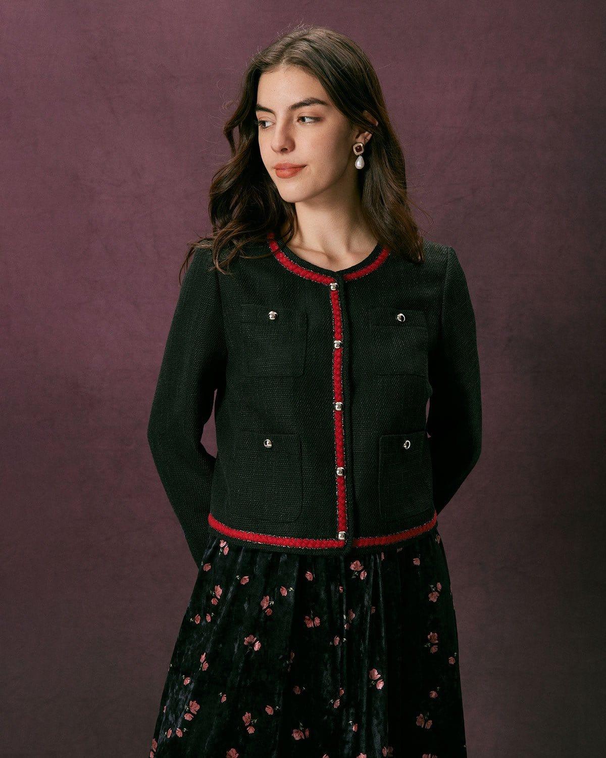 The Black Colorblock Button Tweed Jacket Product Image