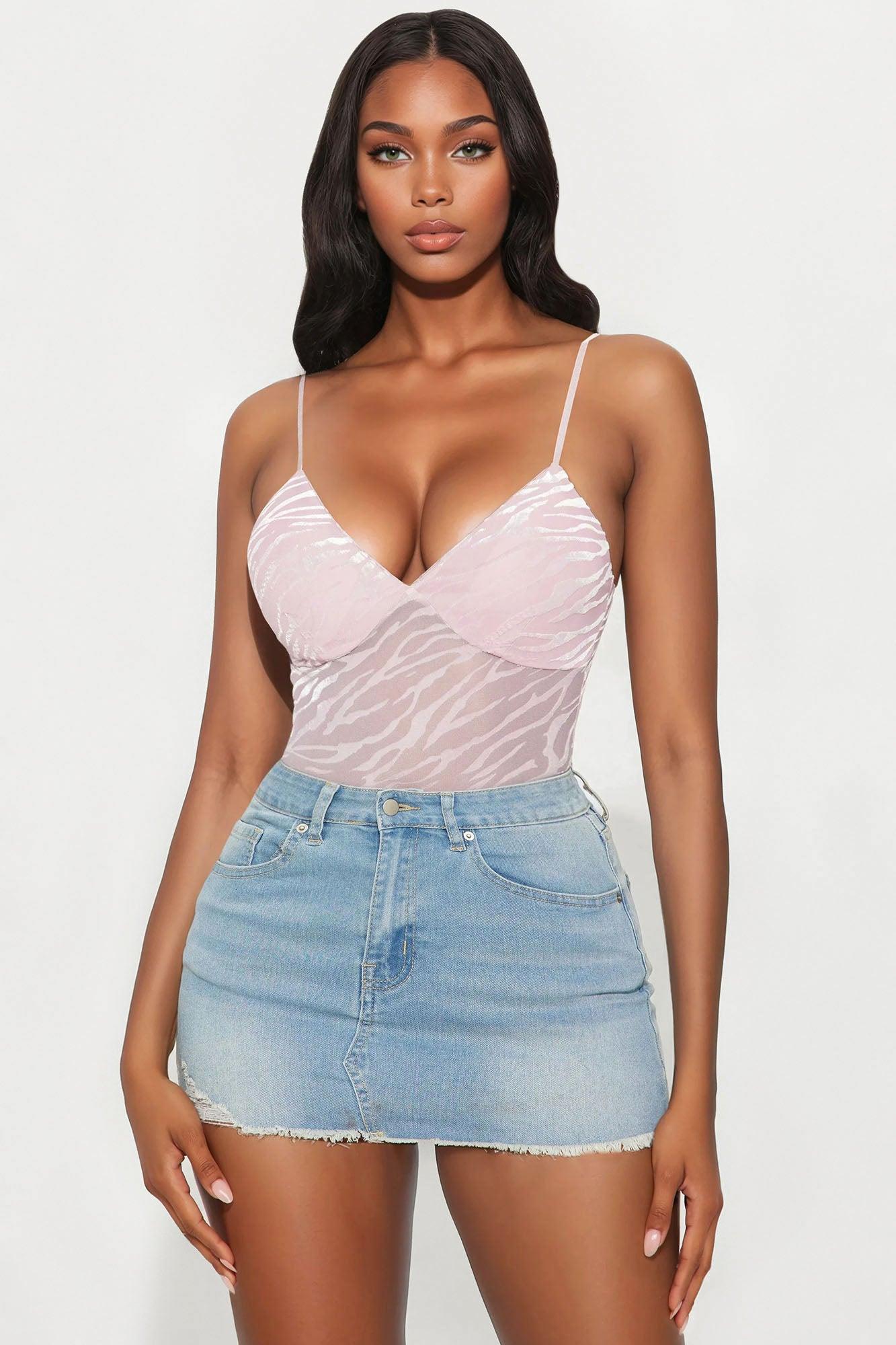 Deep Reveal Flocked Mesh Bodysuit - Pink Female Product Image