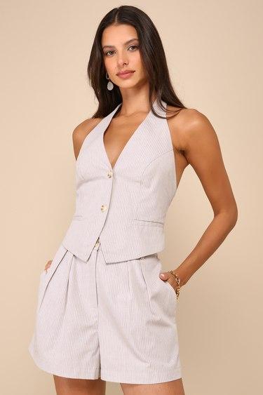 Posh Certainty Beige Pinstripe Linen Pleated High-Rise Shorts Product Image