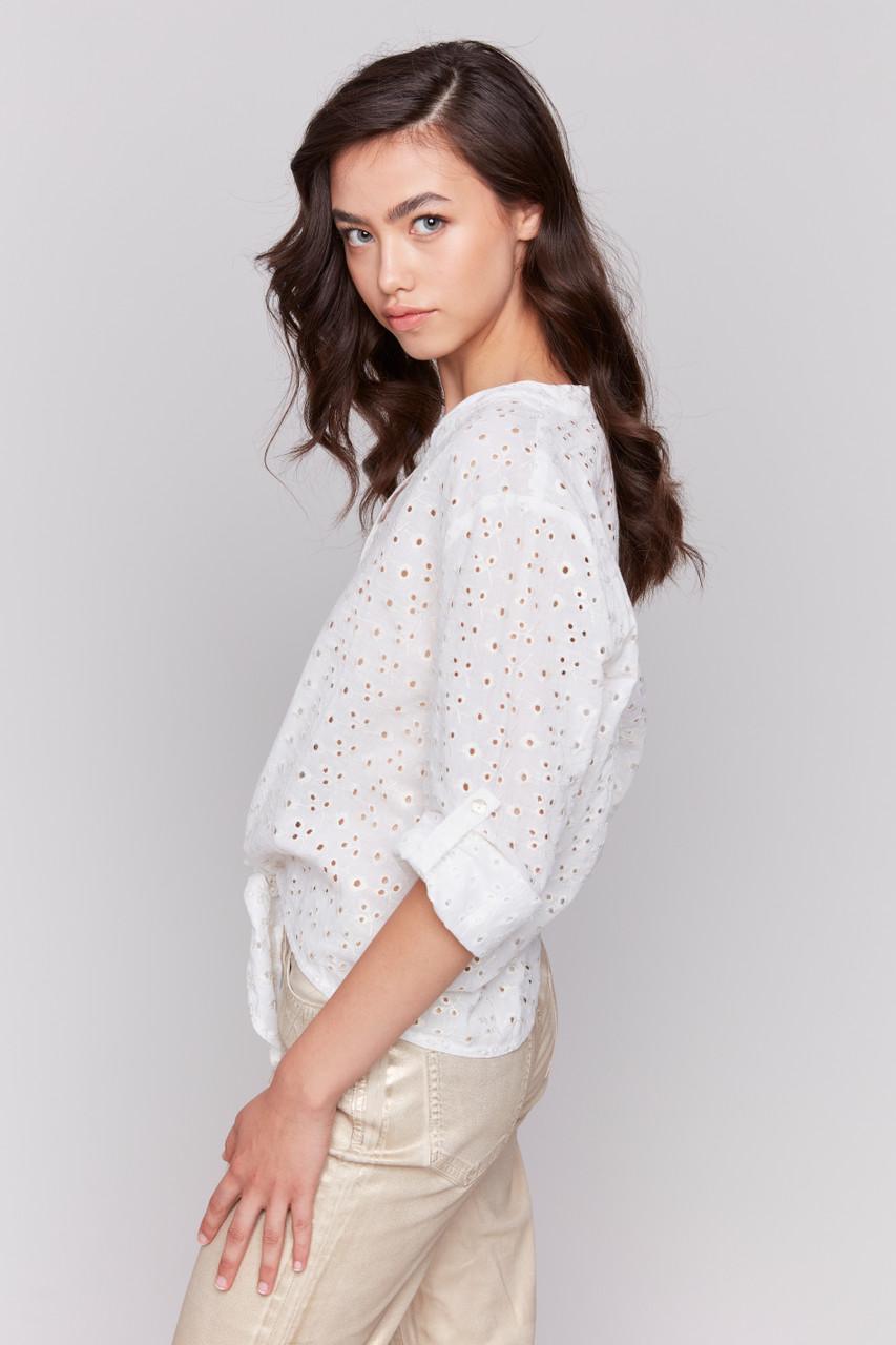 Ivory Cotton Gold Eyelet Tie Blouse Product Image