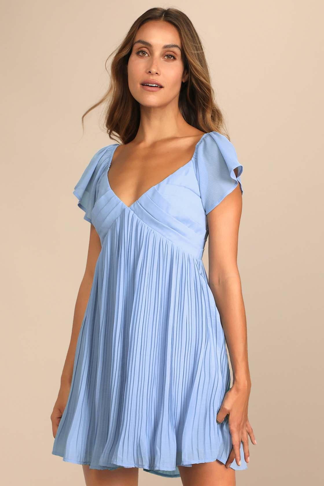 Amalfi Coast Light Blue Pleated Flutter Sleeve Mini Dress Product Image