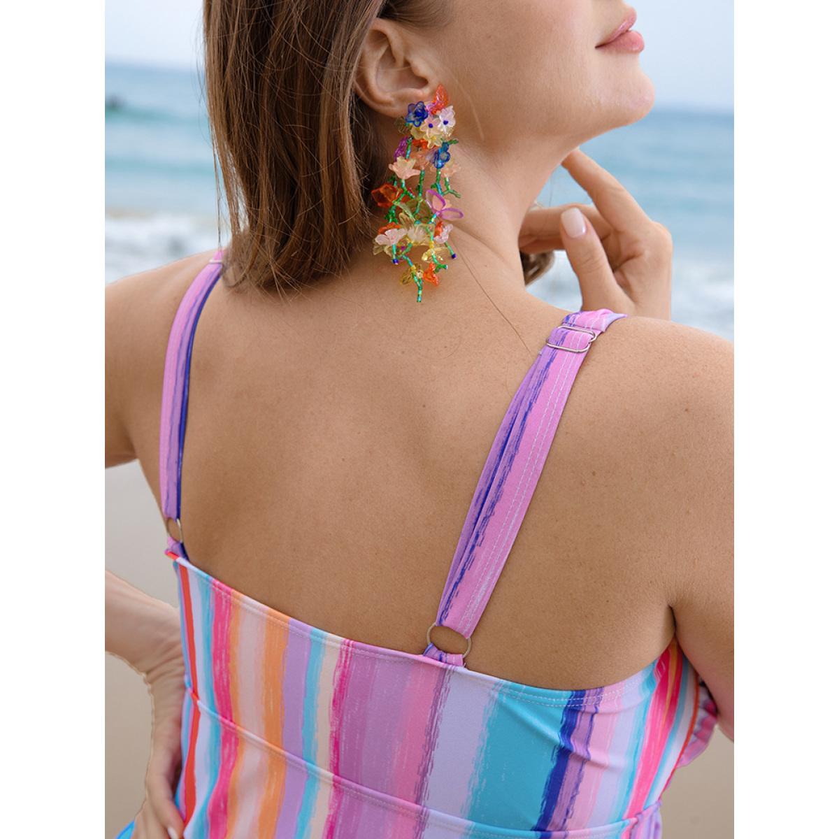 Plus Size Striped Contrast Crossover Empire Waist Swim Dress Women's Swimwear Multicolor Vacation Bodycon Spaghetti Strap High stretch Curve Swim Dresses BloomChic 14-16/1X Product Image