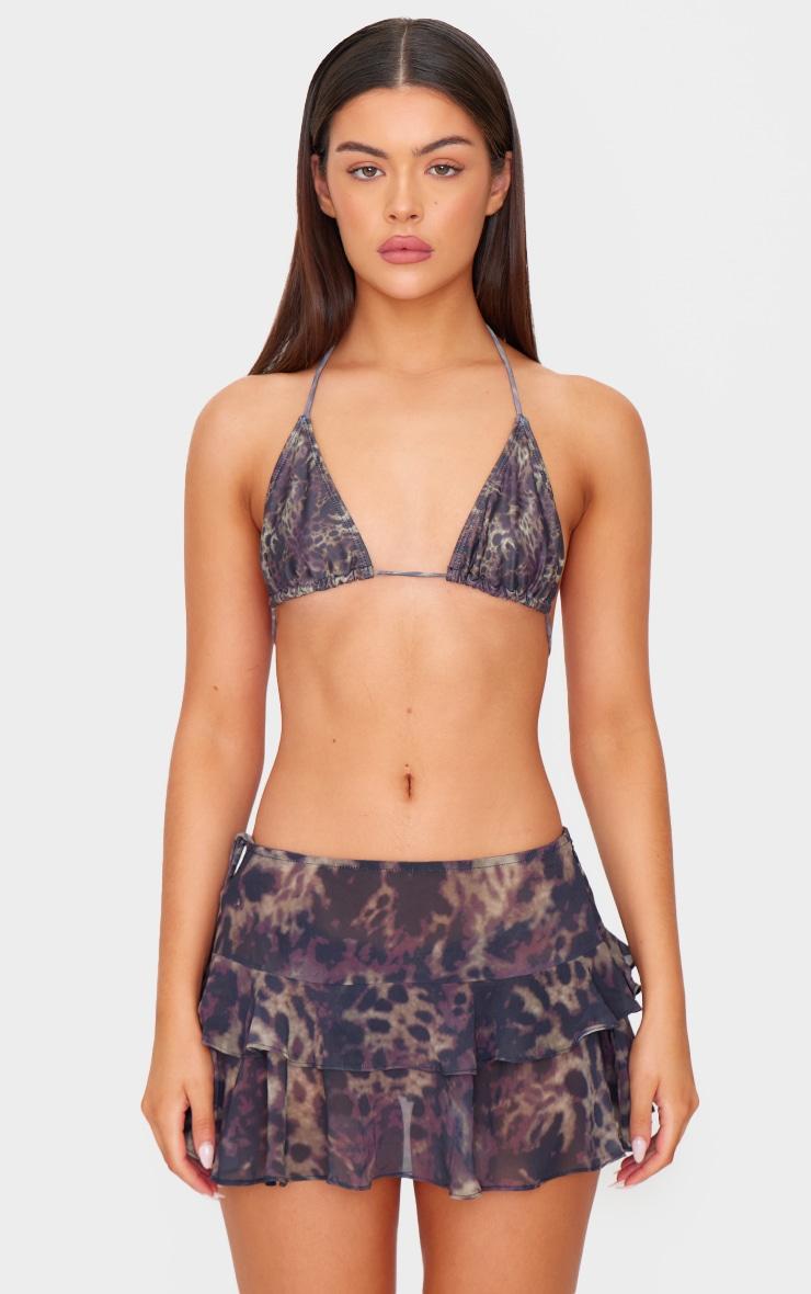 Brown Animal Print Chiffon Ruffle Mini Beach Skirt Product Image