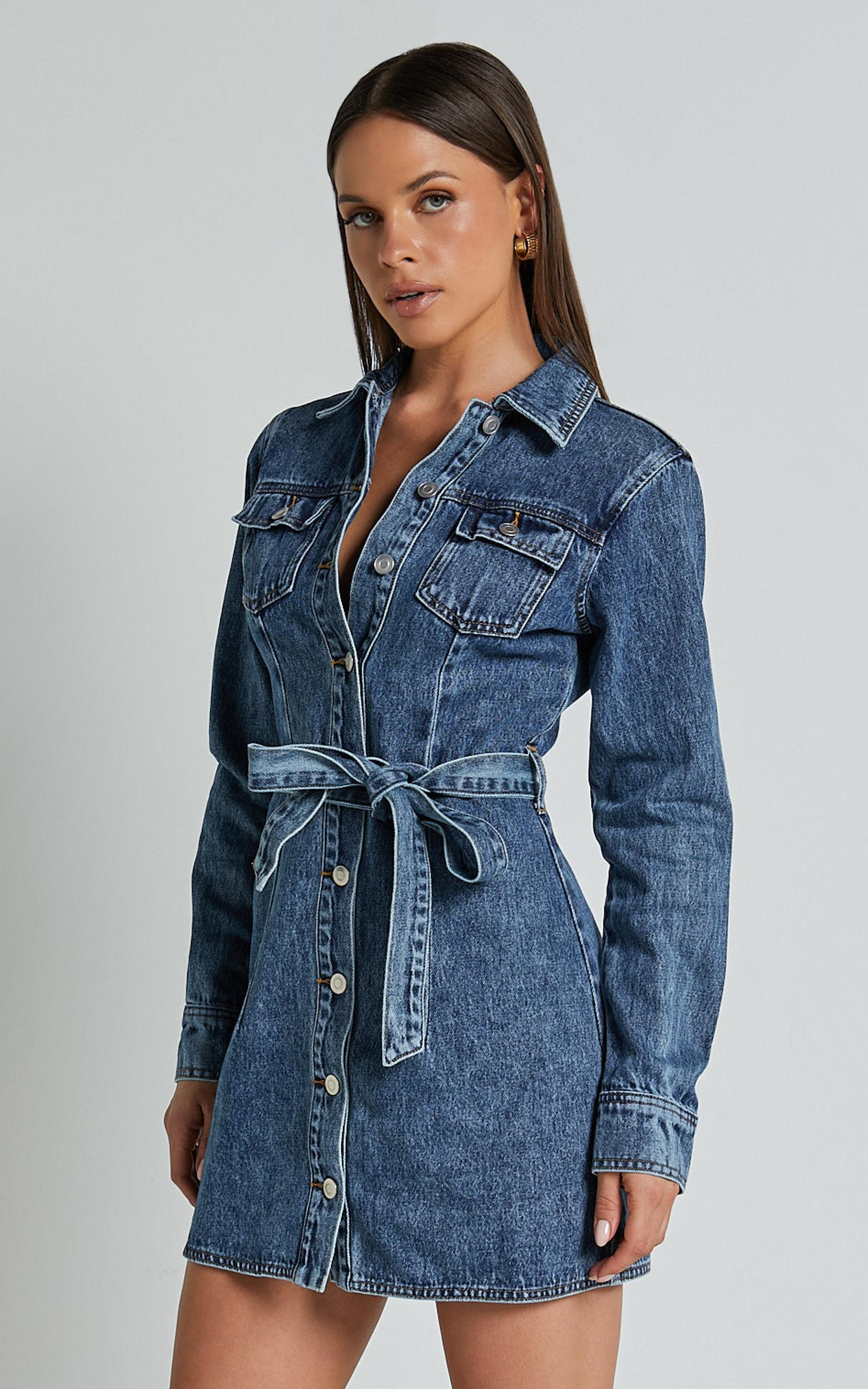 Enriquetta Mini Dress - Cotton Denim Long Sleeve Button Up Dress in Blue Product Image