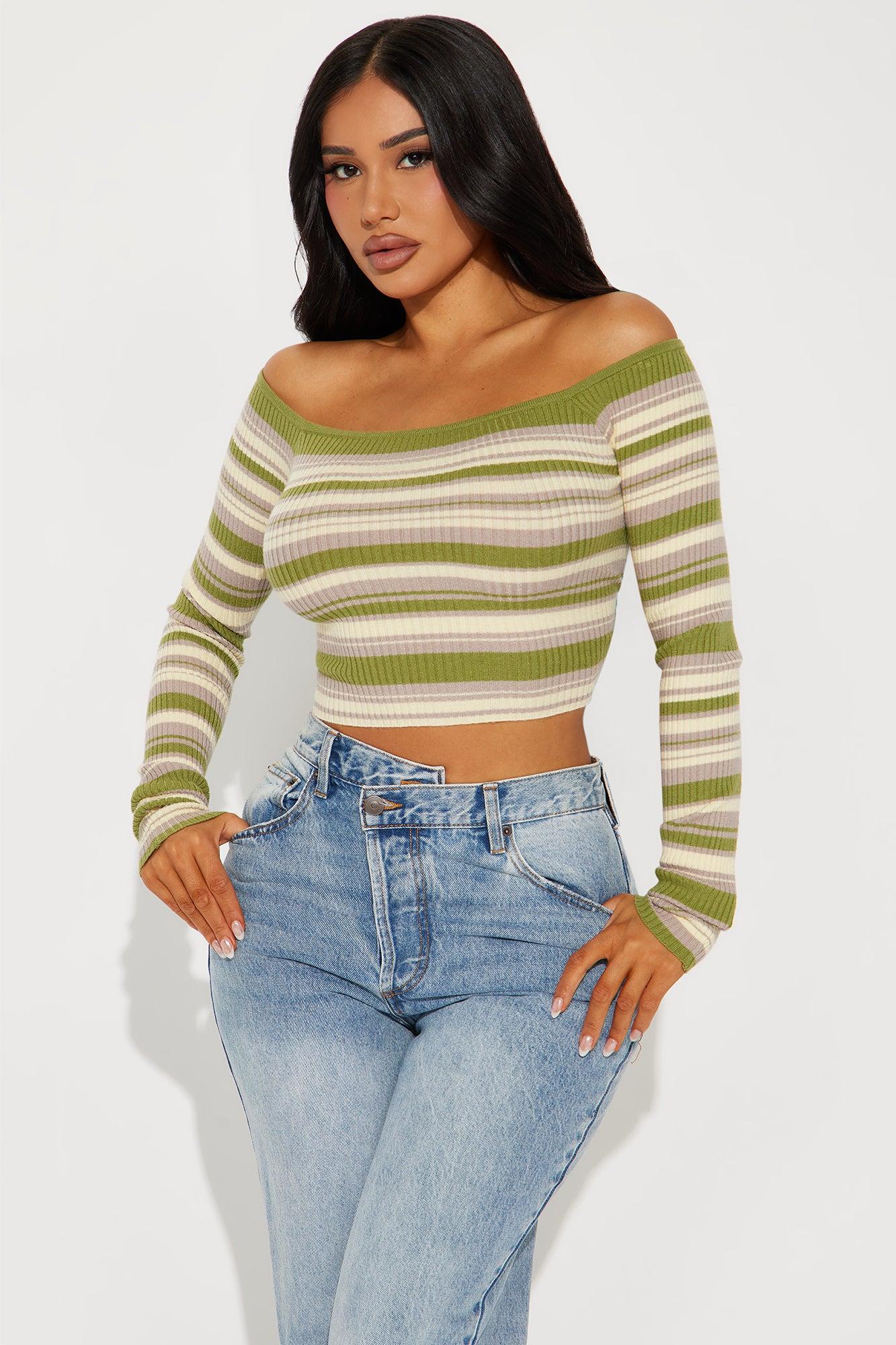 Madisyn Off Shoulder Striped Sweater - Green/combo Product Image