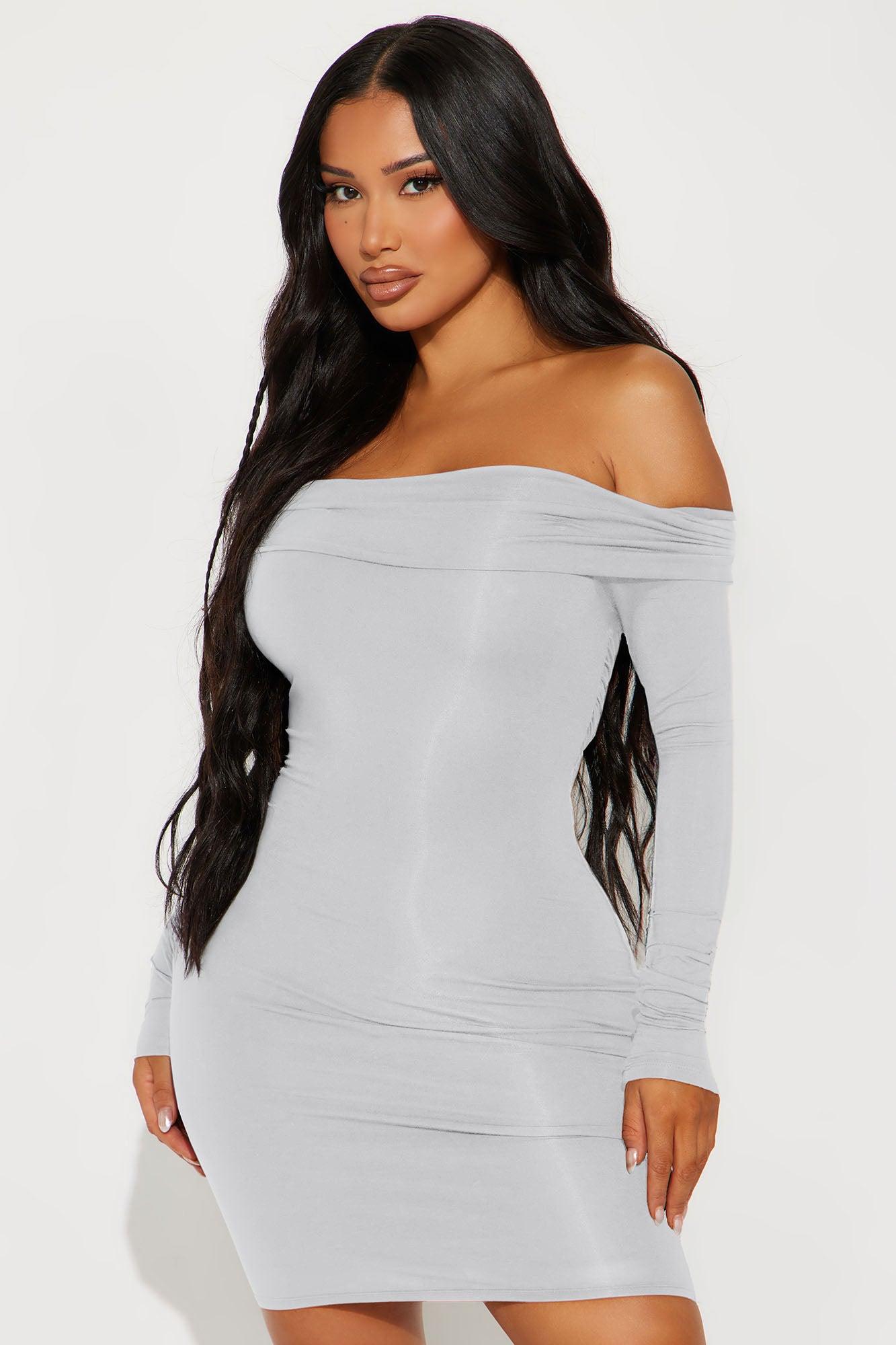 Look My Way Off Shoulder Mini Dress - Grey Product Image