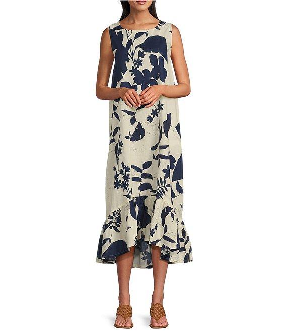 Bryn Walker Angelina Foglie Print Round Neck Sleeveless High-Low Ruffle Midi Dress Product Image
