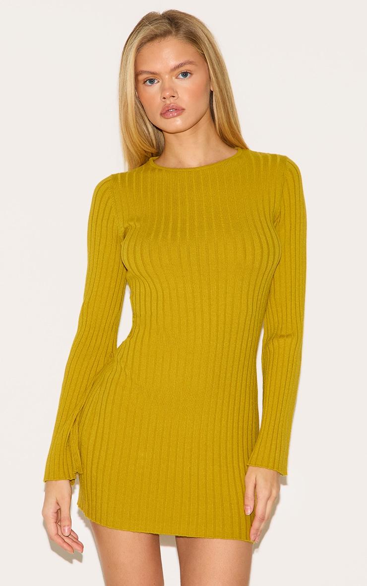 Olive Ribbed Knit Mini Dress Product Image