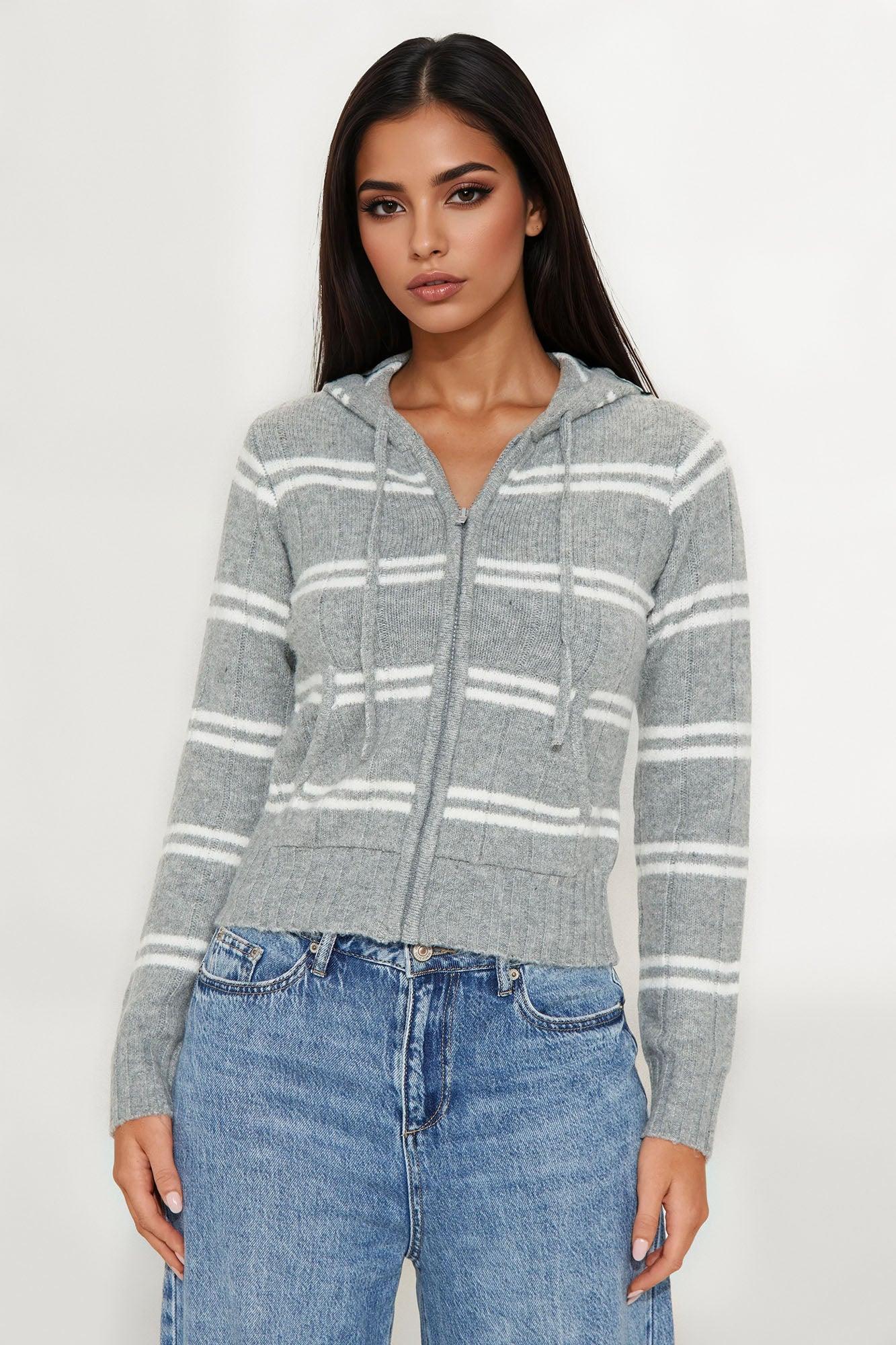 Striped Life Zip Front Hoodie - Heather Grey Female Product Image