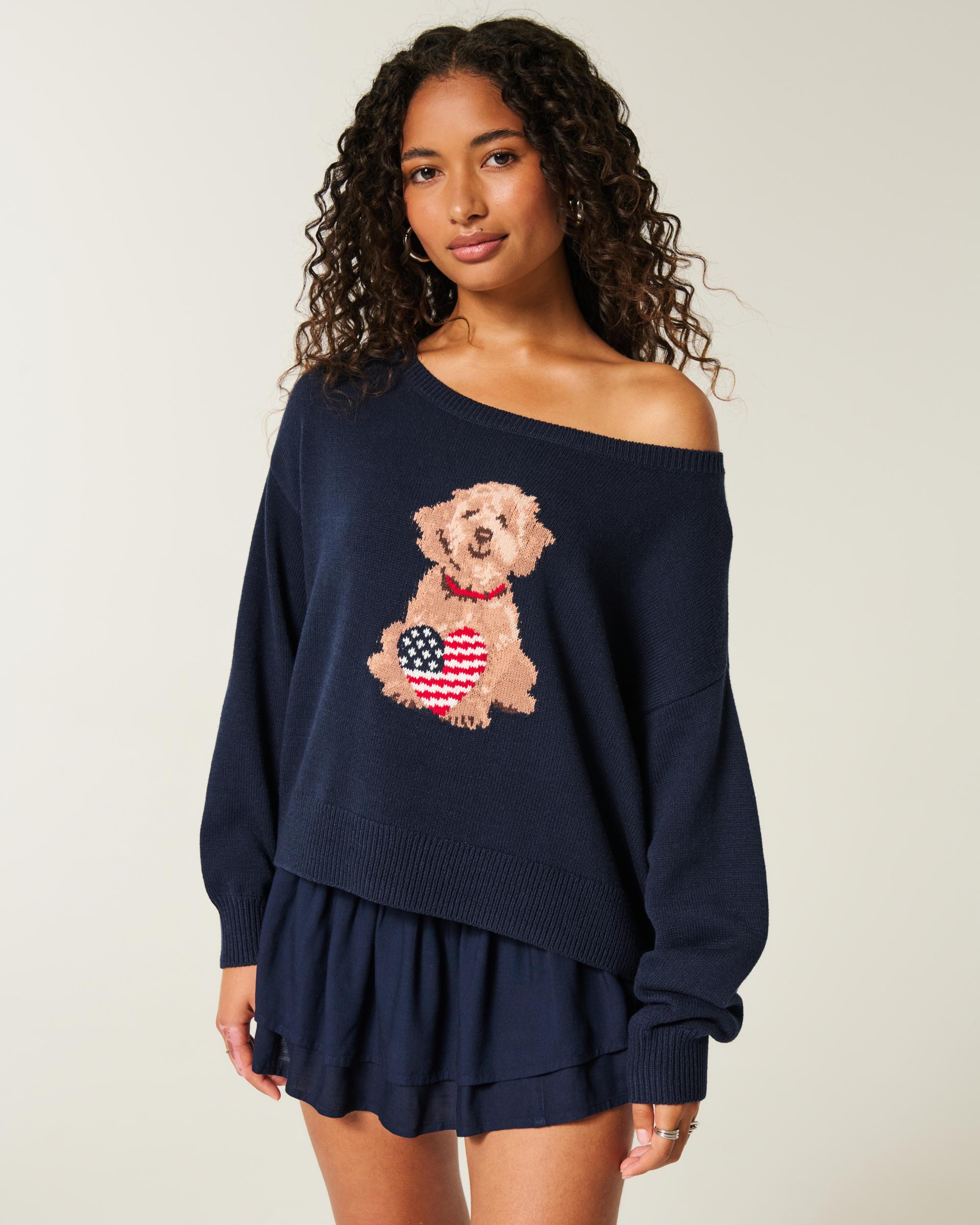 Easy Off-the-Shoulder Heart Flag Graphic Sweater Product Image