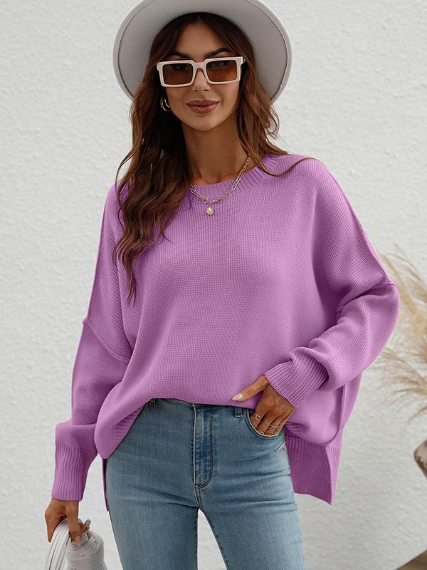 Casual Long Sleeves Loose Split-Side Solid Color Round-Neck Sweater Tops Product Image
