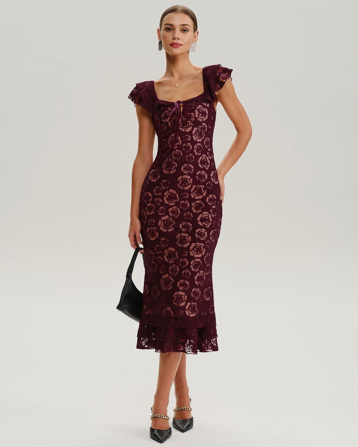 Wine Red Floral Mermaid Midi Dress Product Image