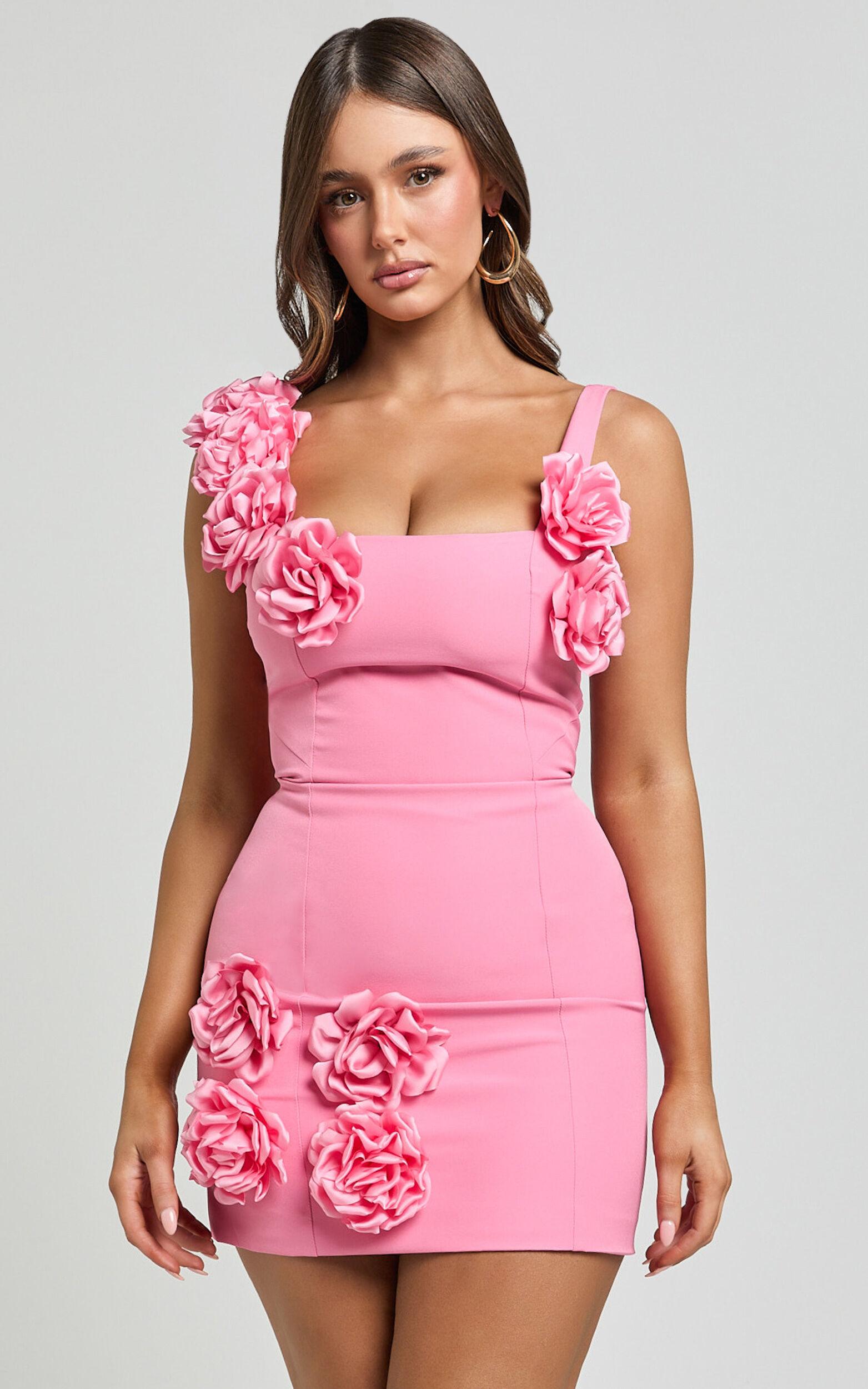 Emmy Mini Dress - Rosette Detail Fitted Dress in Bubblegum Pink Product Image