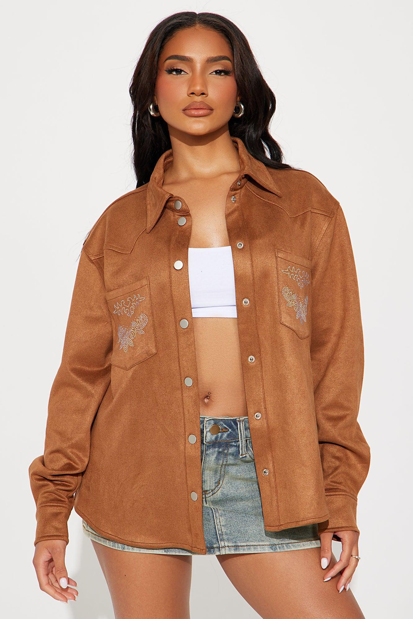 Dolly Embellished Faux Suede Shirt - Camel Product Image