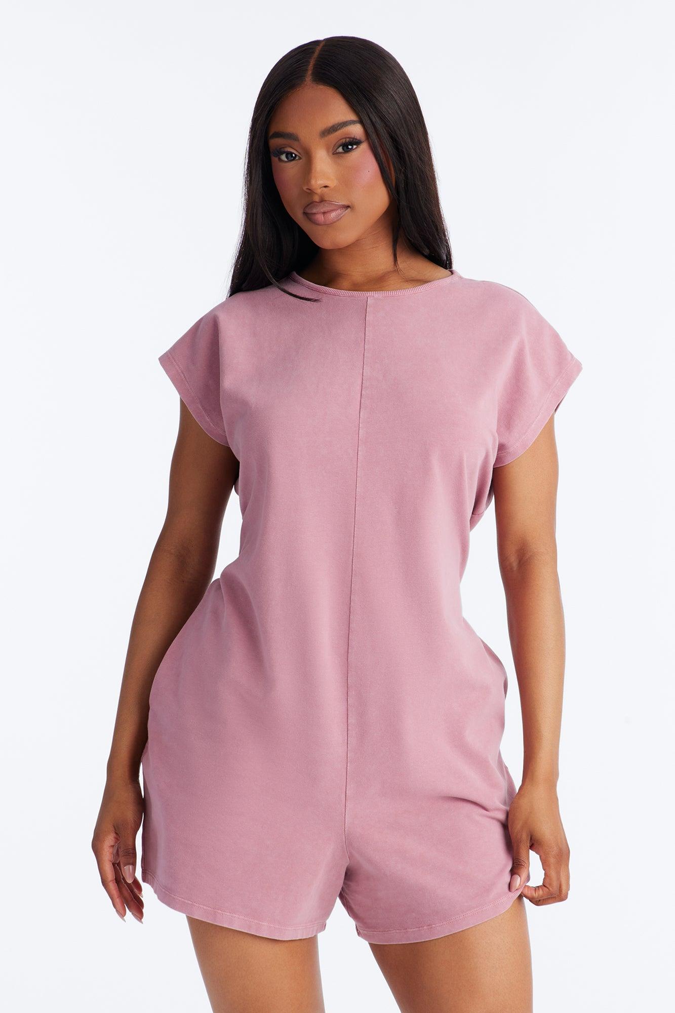 The Washed Cap Sleeve Romper - Mauve Female Product Image