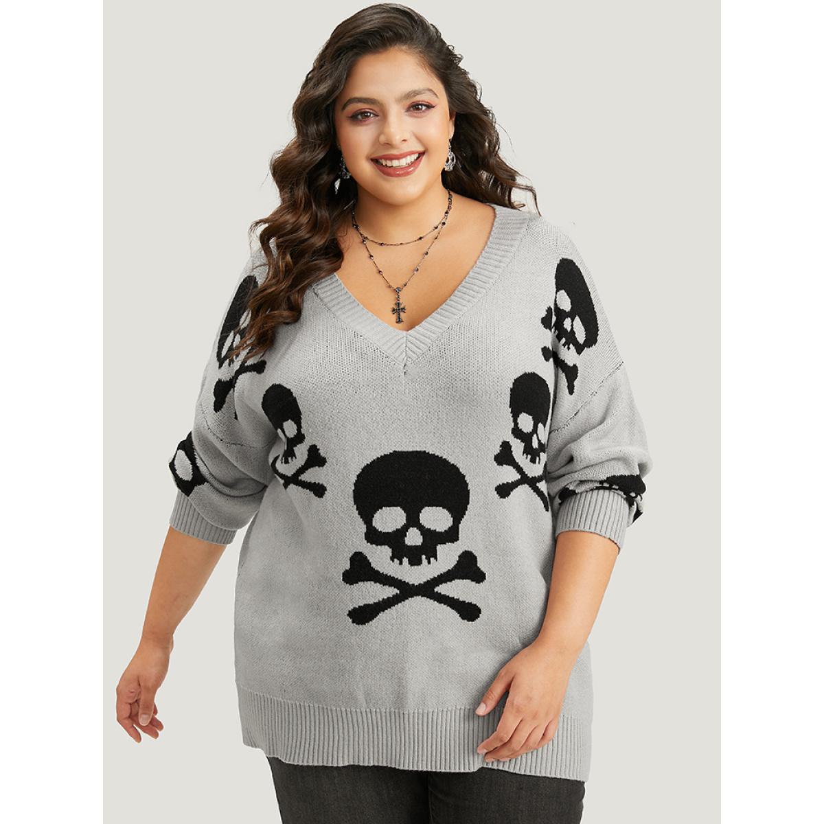 Plus Size Supersoft Essentials Halloween Skull Print V Neck Pullover LightGray Women Casual Long Sleeve V-neck Festival-Halloween Pullovers BloomChic 22-24/3X Product Image