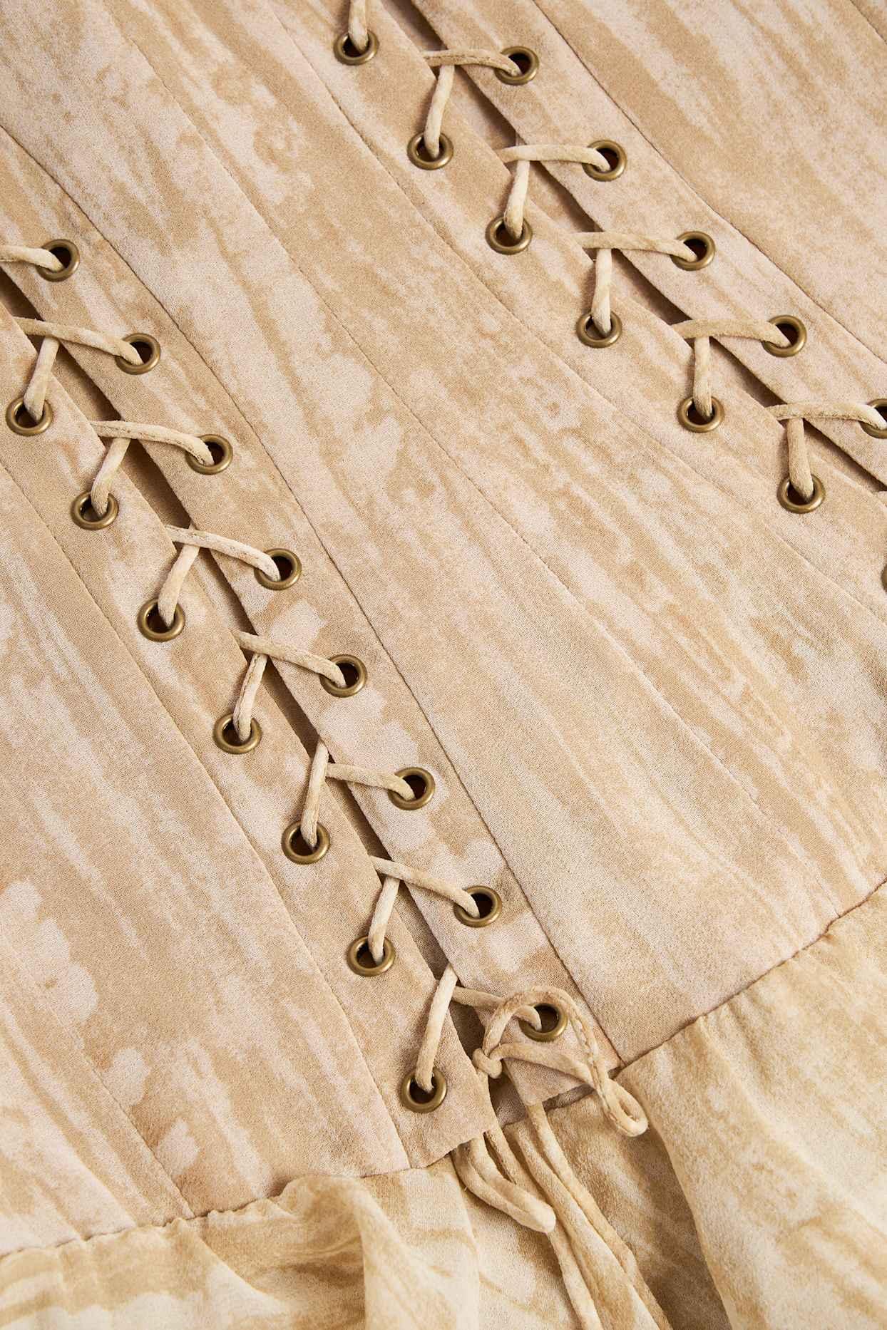 Lace-Up Ruffled Tiered Mini Dress in Tan Print Product Image